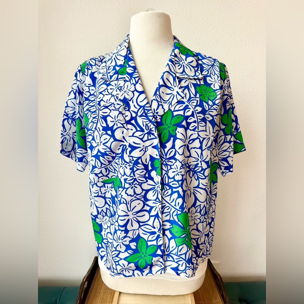VTG Oscar de La Renta Expressions Blue Green Floral Women's Hawaiian Blouse 4